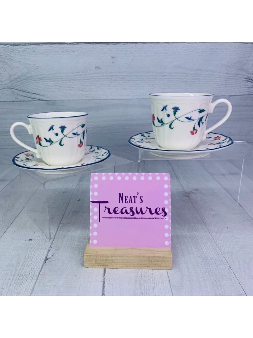 90's Epoch GARDEN GROVE E803 Pink Blue Flowers Floral Flat Cup & Saucer Set of 2